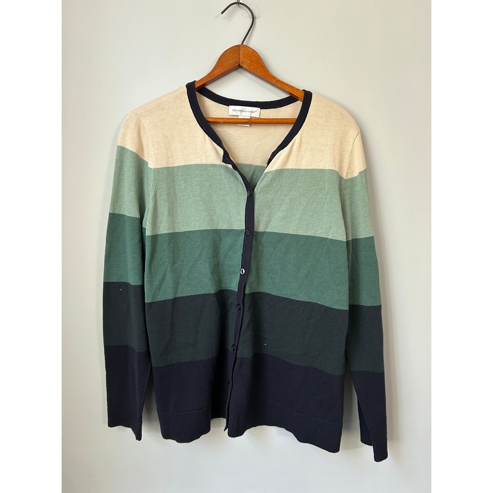Christopher & Banks Womens L Green Blue Striped Button Front Cardigan Sweater